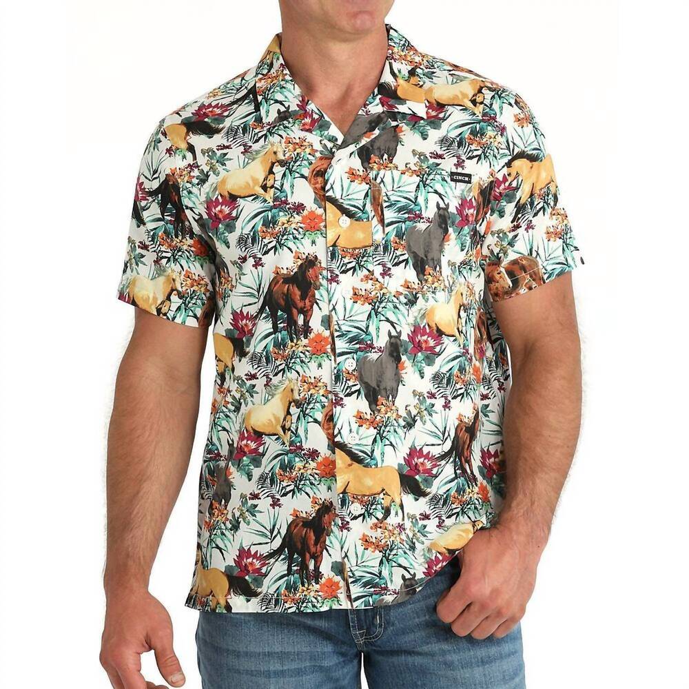 NEW CINCH men's short sleeve camp shirt in hawaiian horses